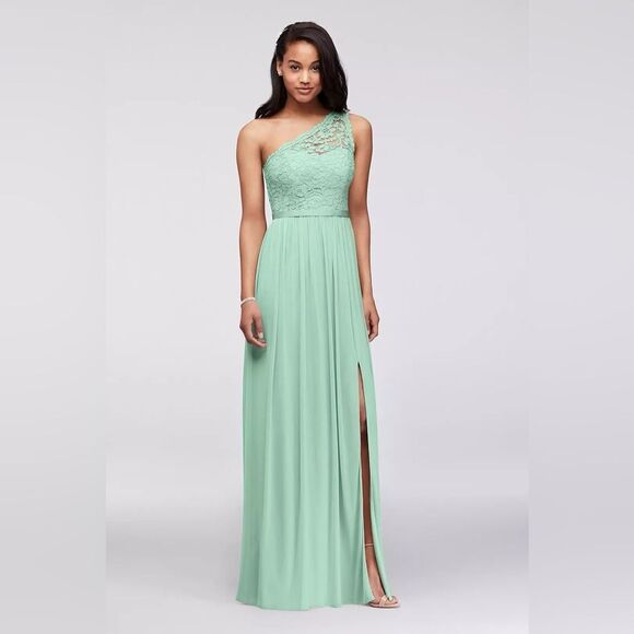 David's Bridal F17063 Mint Green One Shoulder Lace & Chiffon Maxi Dress NEW Sz 6 - Picture 13 of 13